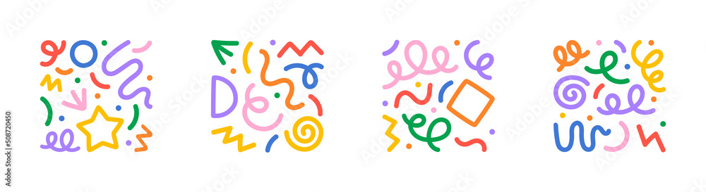 Poster fun colorful line doodle shape set. creative minimalist style art symbol collection for children or 