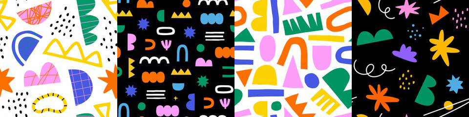 Set of abstract organic shape seamless pattern with colorful geometric doodles. Flat cartoon background collection, simple random shapes in bright childish colors. 