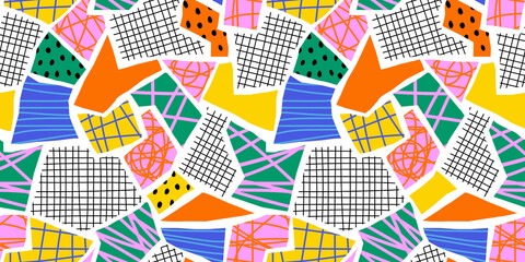 Abstract collage shape seamless pattern with colorful geometric doodles. Trendy flat cartoon background, retro shapes in bright childish colors.  - obrazy, fototapety, plakaty