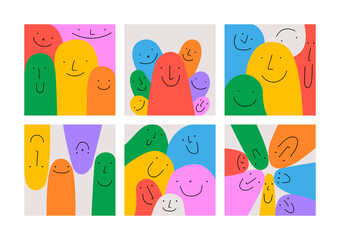 Happy colorful friends together, diverse people crowd illustration set. Funny cartoon characters smiling. Cute children doodle collection. Friendly community, kid education or friendship concept.
