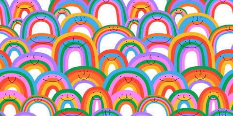 Diverse colorful rainbow seamless pattern illustration. Multi color cartoon characters in funny children doodle style. Friendly community or diversity pride background concept.