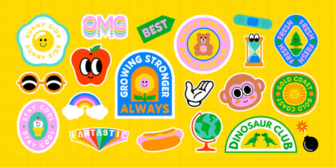 Colorful retro cartoon label shape set. Collection of trendy vintage sticker shapes. Funny comic character art and quote sign patch bundle. Cute children icon, fun happy illustrations. - obrazy, fototapety, plakaty