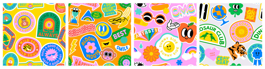 Colorful retro cartoon label seamless pattern set. Collection of trendy vintage sticker backgrounds. Funny comic character and quote patch bundle. Cute children icon, fun happy illustrations.