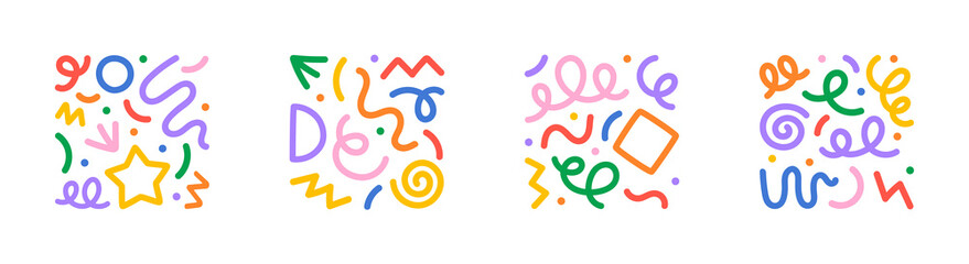 Fun colorful line doodle shape set. Creative minimalist style art symbol collection for children or party celebration with basic shapes. Simple upbeat childish drawing scribble decoration. - obrazy, fototapety, plakaty