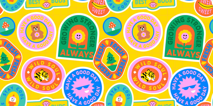 Naklejki Funny retro colorful sticker label seamless pattern. Vintage icon tag or patch background texture. Trendy sign wallpaper.
