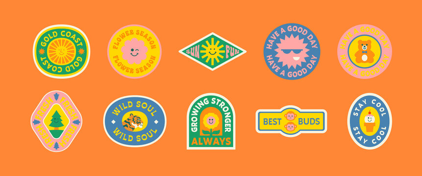 Naklejka Colorful retro label shape set. Collection of trendy vintage sticker cartoon shapes. Funny comic character art and quote sign patch bundle.