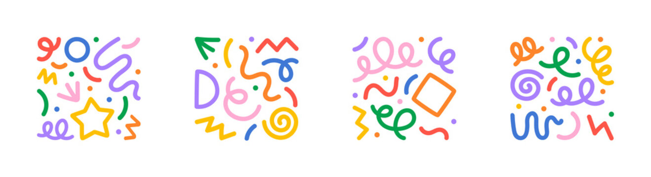 Fun colorful line doodle shape set. Creative minimalist style art symbol collection for children or party celebration with basic shapes. Simple upbeat childish drawing scribble decoration.