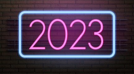 neon sign with message 2023 on a dark brick wall