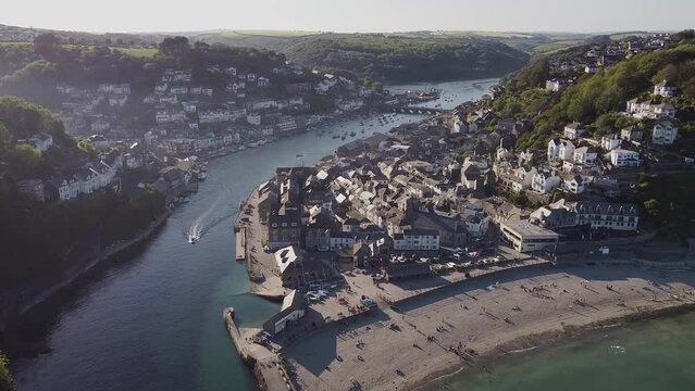 Aerial drone shot of Looe, picturesque seaside village in Cornwall, South west England, United Kingdom.