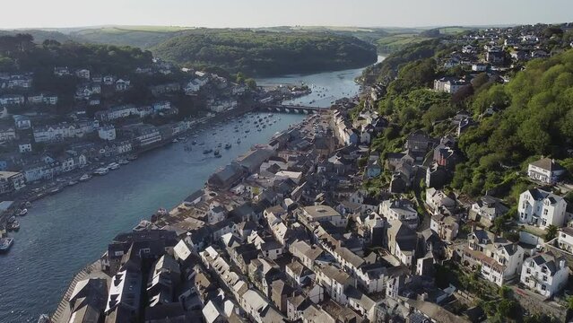 Aerial drone shot of Looe, picturesque seaside village in Cornwall, South west England, United Kingdom.