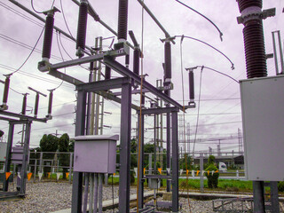 High voltage disconnecting switch and equipment in electricity substation 115 kV.