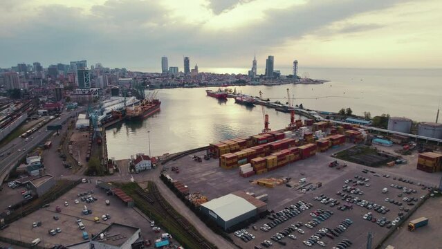 drone view of Batumi sea port with boats and Black Sea, Georgia, Europe. High quality 4k footage