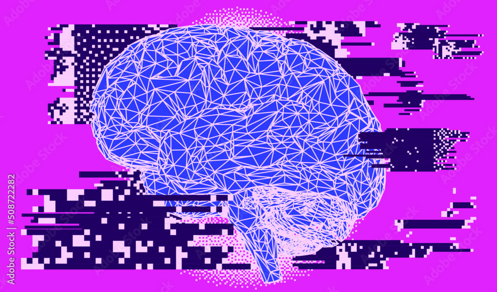 Poster 3D low-poly model of a human brain. Concept of the neural network and AI.