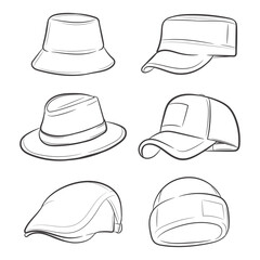 Vector set of man hats. Stylish male headwear.