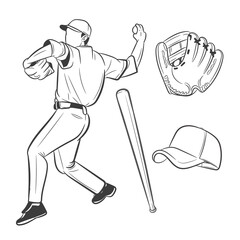 Collection of baseball equipment illustrations contains Bat, Gloves and Hat.