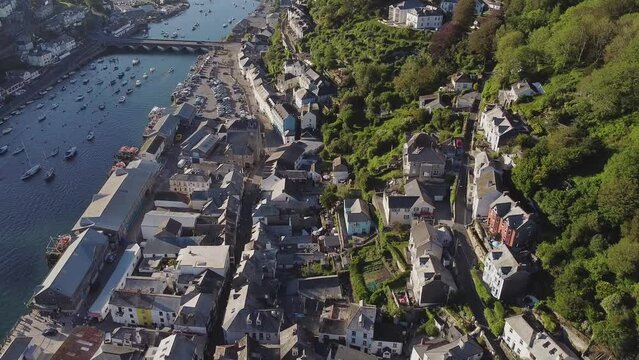 Aerial drone shot of Looe, picturesque seaside village in Cornwall, South west England, United Kingdom.