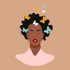 Boho black woman with butterflies in her hair vector illustration