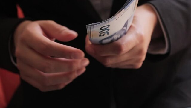 Mujer de negocios contando billetes mexicanos