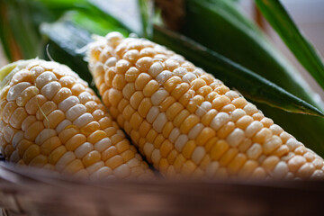 Naked corns lying on leaves in bamboo basket