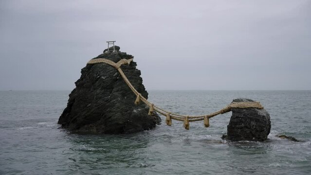 Meoto Iwa, Married Couple Rock on Coast of Mie Japan, 4k Overcast Weather