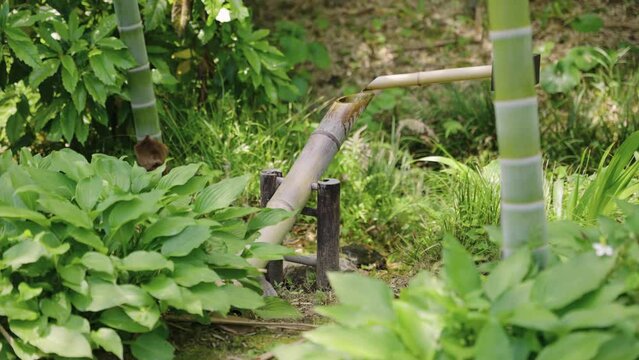 Shishi-odoshi, Japanese Bamboo Water Fountain in Gardens 4k