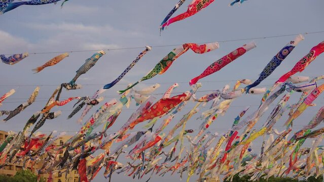 Warm National Holiday in Japan, Slow motion Carp Streamers Celebrating Children's Day in Japan 4k