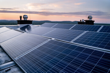 Solar panels located on the roof of the block. Green energy in modern city.  Sunset in the background