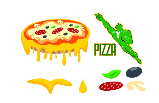 delicious pizza with lots of melted and dripping cheddar. pizza and pizza ingredients set. green hulk man presentation service character for pizza shop