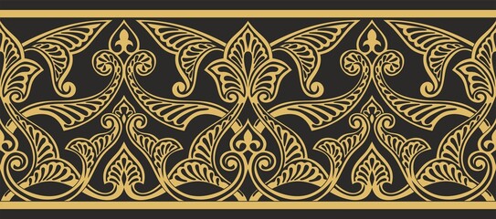 Vector seamless golden oriental ornament. Endless Arabic patterned border, frame. Persian painting..
