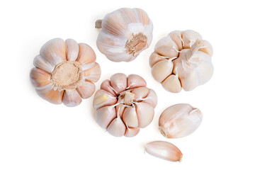 Fototapeta na wymiar Top view Fresh peeled garlic cloves, bulb with garlic slices isolated on white background