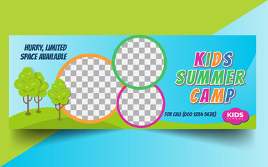 Kids Summer Camp Social Media Cover Photo. Modern Kid's Camping Web Banner Design Template 