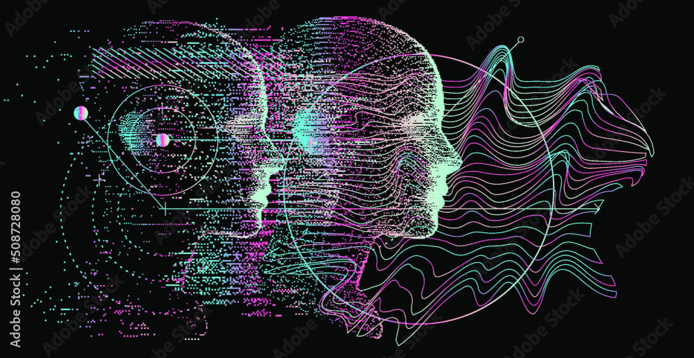 Aufkleber Set of images in sci-fi futuristic style. Concept illustrations for neural network and artificial intelligence subjects.