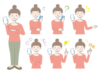 スマホを持つ様々な表情の女性　全身　上半身　バリエーション