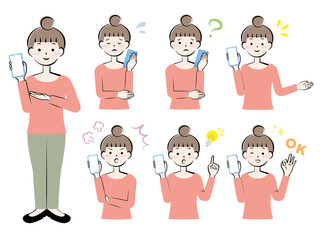 スマホを持つ様々な表情の女性　全身　上半身　バリエーション