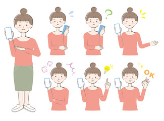 スマホを持つ様々な表情の女性　全身　上半身　バリエーション