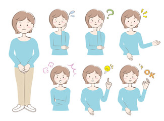 Fototapeta premium 様々な表情のカジュアルな服装の女性 全身 上半身 バリエーション