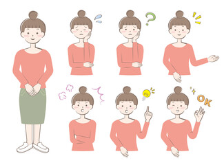 様々な表情のカジュアルな服装の女性　全身　上半身　バリエーション