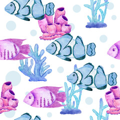Watercolor hand drawn seamless pattern with underwater marine nautical animals shells fish. Purple blue seahorse seaweed jellyfish, ocean sea summer vacation beach background, turquoise fabric print.