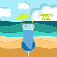 Cocktail Blue Hawaii on the beach in flat technique vector illustration 