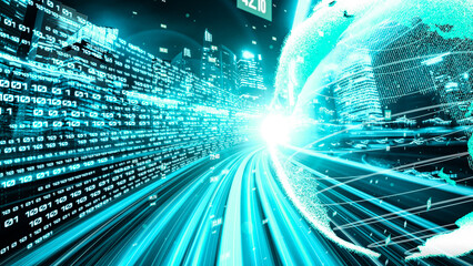 Futuristic global network and tacit digital data transfer 3D graphic . Concept of smart digital transformation and technology disruption that changes global trends in new information era .
