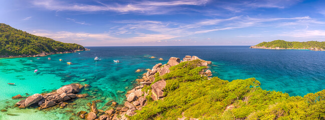 Tropical islands view of ocean blue sea water and white sand beach at Similan Islands from famous viewpoint, Phang Nga Thailand nature landscape panorama