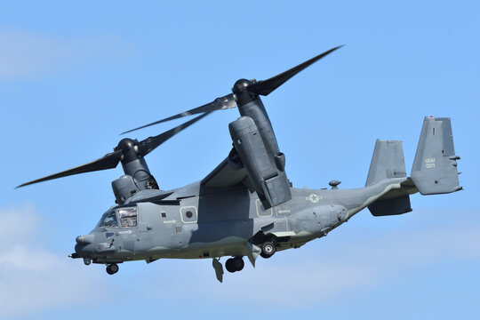 Tokyo, Japan - May 22, 2022: United States Air Force Bell Boeing CV-22B Osprey tiltrotor military transport aircraft.