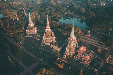 Aerial view of Wat Phra Si Sanphet ruin temple at sunrise in Phra Nakhon Si Ayutthaya, Thailand