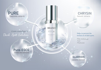 Beauty cosmetic ads. Glass product with water in atom molecule. Cosmetics bottles mockup banner. Realistic 3d vector