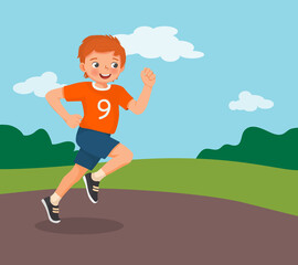 happy little boy marathon running jogging on the park on summertime