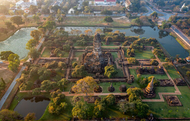 Aerial view of Wat Phra Si Sanphet ruin temple at sunrise in Phra Nakhon Si Ayutthaya, Thailand