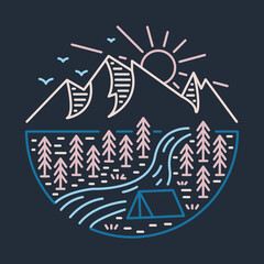 Camping with enjoying view of river and mountains graphic illustration vector art t-shirt design