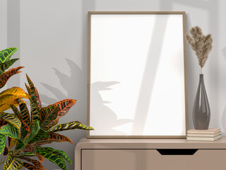 empty mockup photo frame on wooden shelf in room interior and ornamental plant and dry flora in vase shelves. with shadow windows