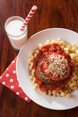 Kid-Friendly Italian Dinner - breaded chicken patty, pesto, marinara, pasta, pepperoni, cheese, tomato