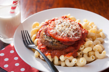 Kid-Friendly Italian Dinner - breaded chicken patty, pesto, marinara, pasta, pepperoni, cheese, tomato